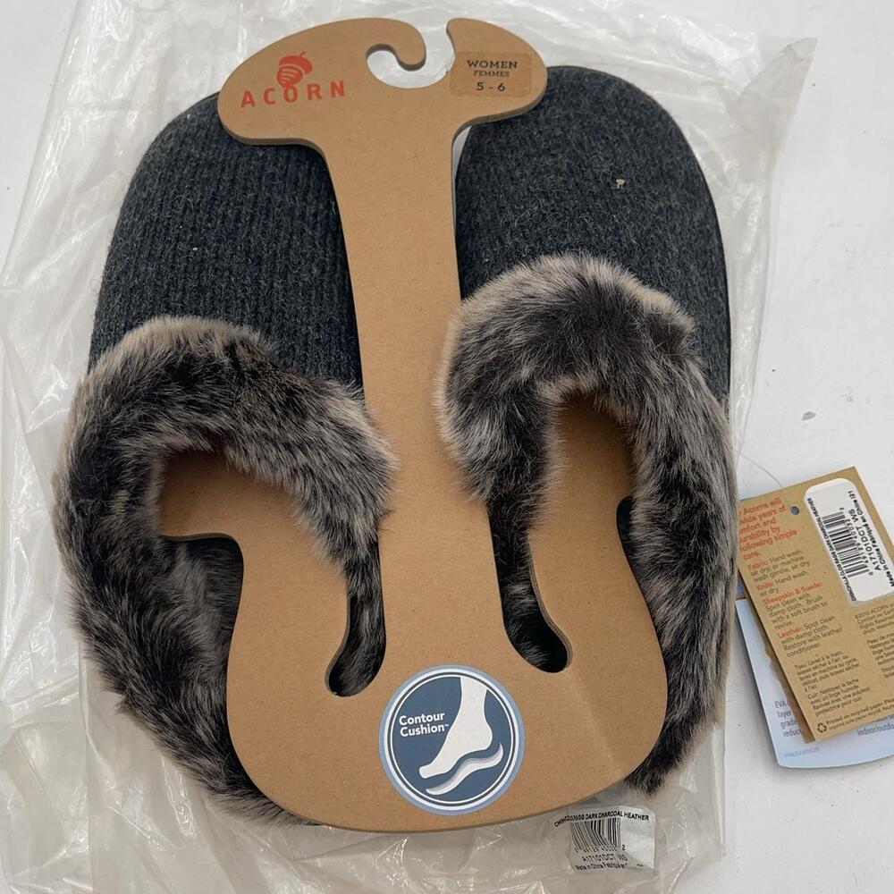 Acorn Chinchilla Ragg Clog Slippers Womens Dark Gray Knit Faux Fur Cozy Size 5.5